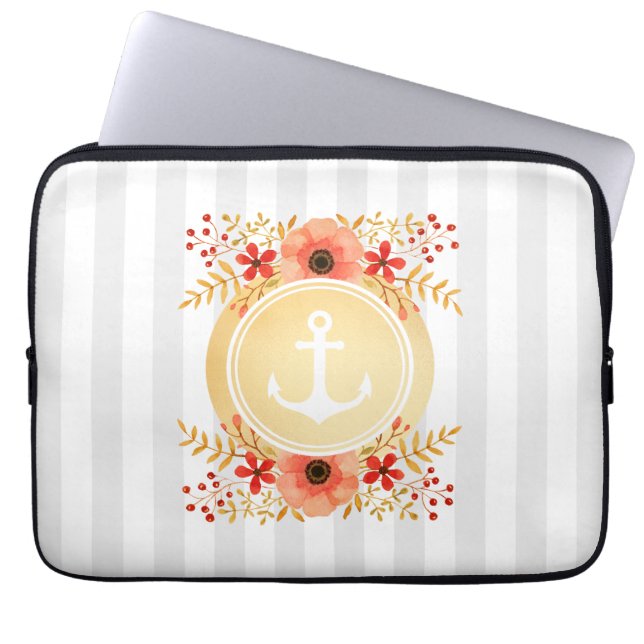 Gold Nautic Anchor Wasserfarbe Floral Strichen Laptopschutzhülle (Vorderseite)