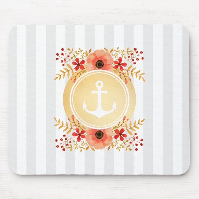 Gold Nautic Anchor Wasserfarbe Floral Strichen Mousepad (Vorne)