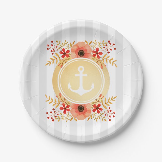 Gold Nautic Anchor Wasserfarbe Floral Strichen Pappteller (Vorderseite)
