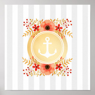 Gold Nautic Anchor Wasserfarbe Floral Strichen Poster