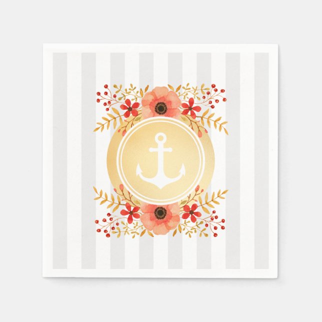 Gold Nautic Anchor Wasserfarbe Floral Strichen Serviette (Vorderseite)
