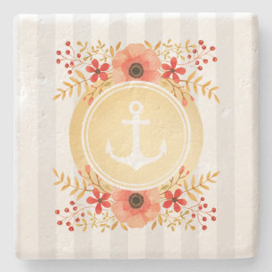 Gold Nautic Anchor Wasserfarbe Floral Strichen Steinuntersetzer