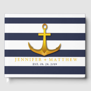 Gold Nautical Anchor Navy Blue & White Wedding Gästebuch