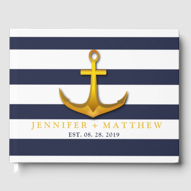 Gold Nautical Anchor Navy Blue & White Wedding Gästebuch (Vorderseite)
