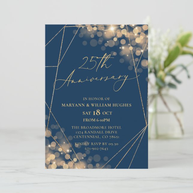 Gold & Navy 25. Hochzeitstag Einladung (Stehend Vorderseite)
