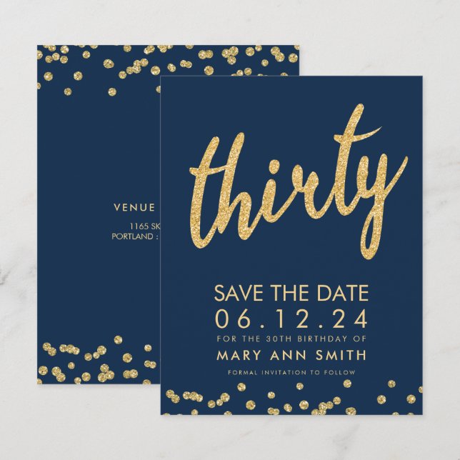 Gold Navy 30. Geburtstag Rett Datum Confetti Einladung (Vorne/Hinten)