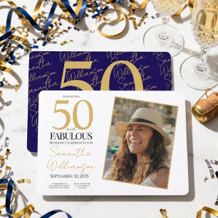 Gold & Navy 50. Geburtstagsfeier mit tollen Foto Einladung
