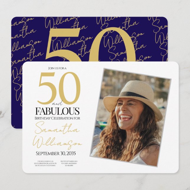 Gold & Navy | 50th Fabulous Photo Birthday Party Einladung (Vorne/Hinten)