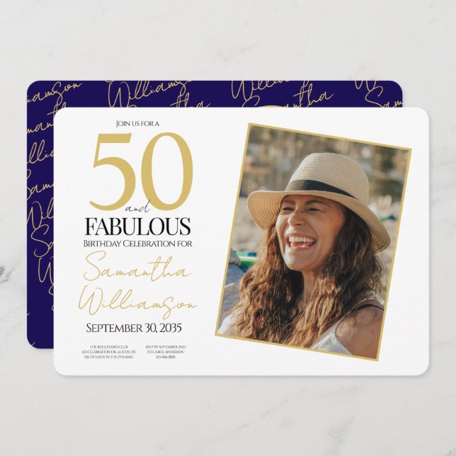 Gold & Navy | 50th Fabulous Photo Birthday Party Einladung (Vorne/Hinten)