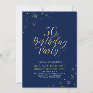 Gold & Navy Blau Moderne Chic 50. Geburtstagsfei Einladung