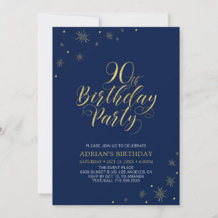 Gold & Navy Blau Moderne Chic 90. Geburtstagsfei Einladung
