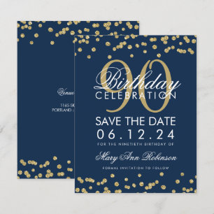 Gold Navy Blue 90. Geburtstag Rett Date Confetti Einladung