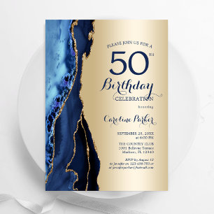 Gold Navy Blue Agate 50. Geburtstag Einladung