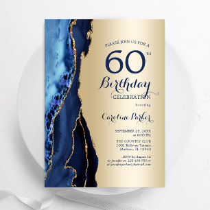 Gold Navy Blue Agate 60. Geburtstag Einladung