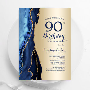 Gold Navy Blue Agate 90. Geburtstag Einladung