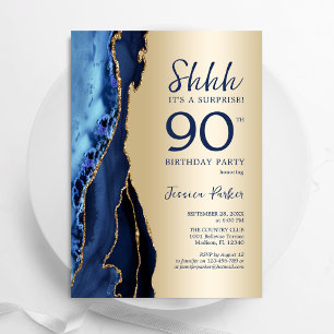 Gold Navy Blue Agate Überraschung 90. Geburtstag Einladung