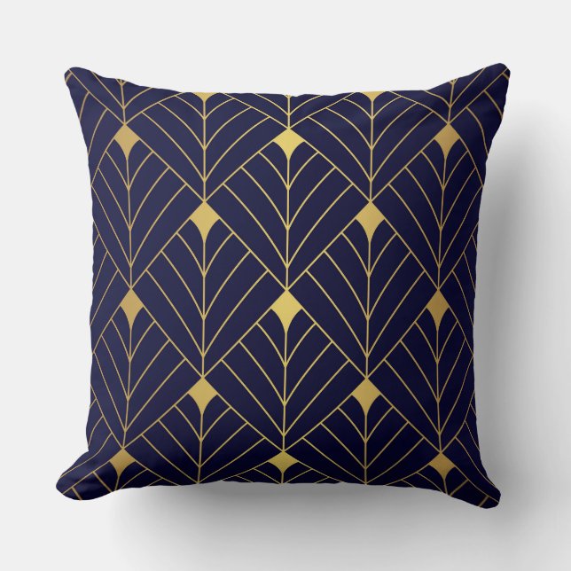 Gold Navy Blue Art Deco Diamond Muster Kissen (Vorderseite)
