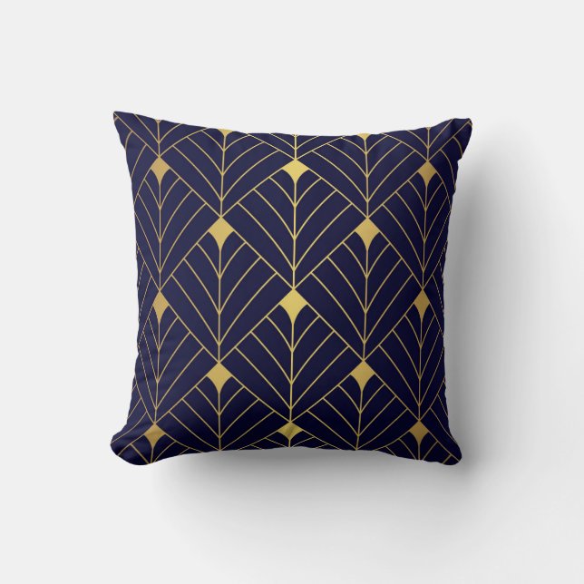 Gold Navy Blue Art Deco Diamond Muster Kissen (Vorderseite)