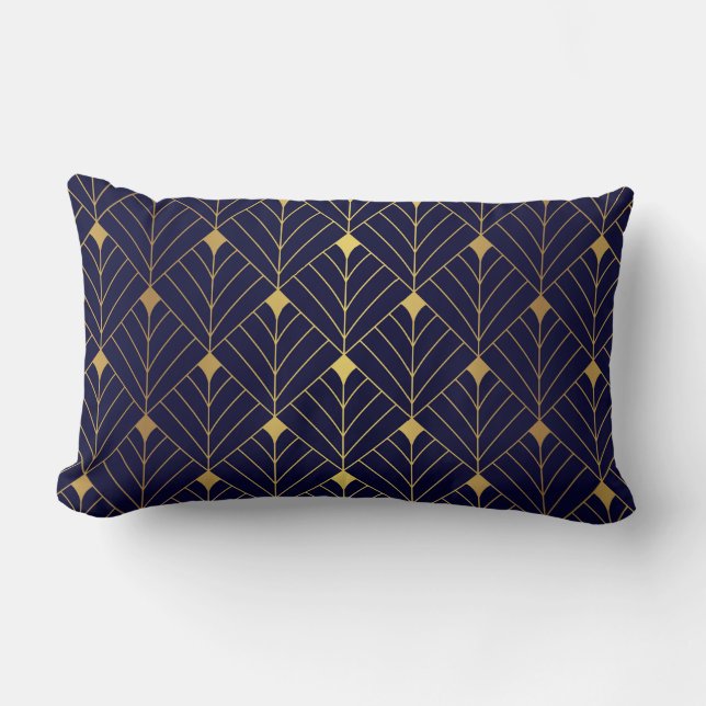 Gold Navy Blue Art Deco Diamond Muster Lendenkissen (Vorderseite)