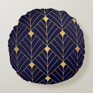 Gold Navy Blue Art Deco Diamond Muster Rundes Kissen