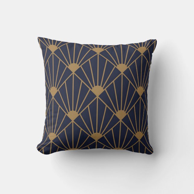 Gold Navy Blue Art Deco Lüfter Muster Kissen (Vorderseite)