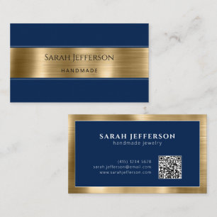 Gold Navy Blue Beruflich Metallic Elegant QR Visitenkarte