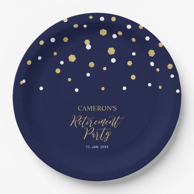 Gold & Navy Blue Chic Confetti Retirement Party Pappteller (Vorderseite)