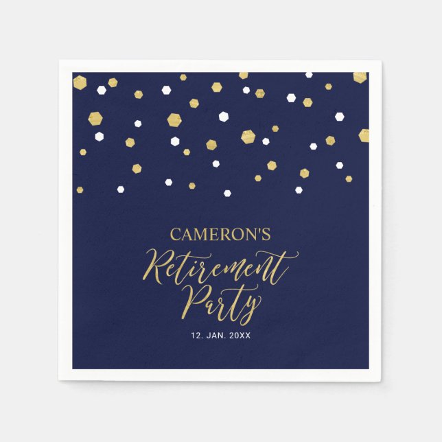 Gold & Navy Blue Chic Confetti Retirement Party Serviette (Vorderseite)