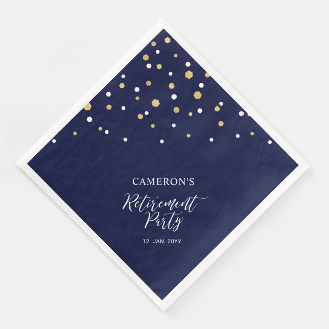 Gold & Navy Blue Chic Confetti Retirement Party Serviette (Ecke)