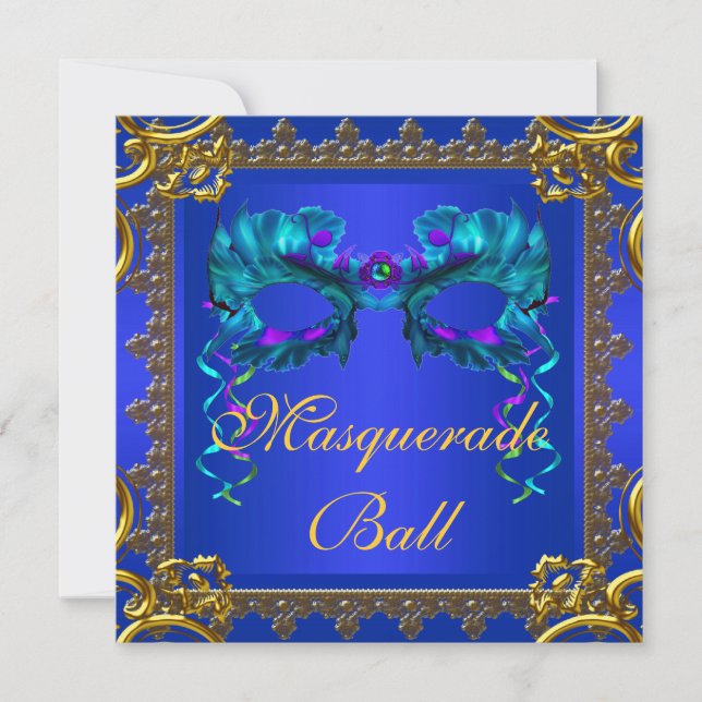 Gold Navy Blue Cobalt Blue Mask Masquerall Einladung (Vorderseite)