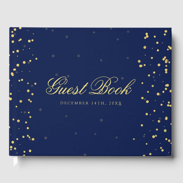 Gold Navy Blue Confetti Dots Gästebuch (Vorderseite)