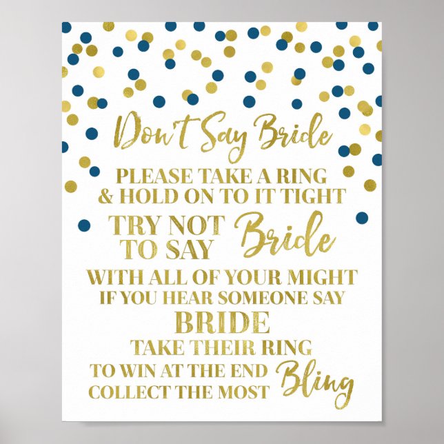 Gold Navy Blue Confetti Sage nicht Bride Game Sign Poster (Vorne)