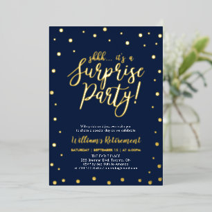 Gold Navy Blue Confetti Überraschung Rente Party Folieneinladung