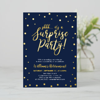 Gold Navy Blue Confetti Überraschung Rente Party Folieneinladung