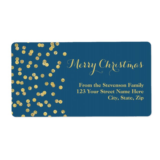 Gold Navy Blue Confetti Weihnachtsanschrift Label (Vorne)
