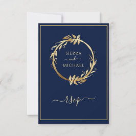 Gold Navy Blue Eucalyptus Foliage Wreath Wedding RSVP Karte