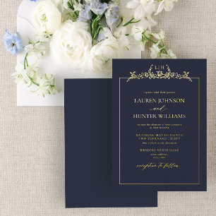 Gold Navy Blue Floral Border Monogram Wedding Folieneinladung