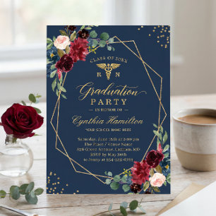 Gold Navy Blue Floral für RN Graduate Abschluss Einladung
