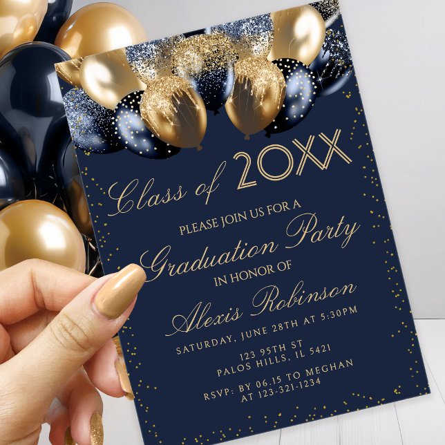 Gold Navy Blue Glitter Balloons Graduation Party Einladung (Von Creator hochgeladen)
