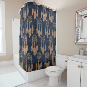 Gold Navy Blue Glitzer Ikat Dream Catcher Muster Duschvorhang