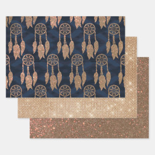 Gold Navy Blue Glitzer Ikat Dream Catcher Muster Geschenkpapier Set
