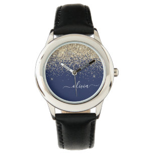 Gold Navy Blue Glitzer Script Monogram Girl Name Armbanduhr