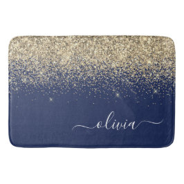Gold Navy Blue Glitzer Script Monogram Girl Name Badematte