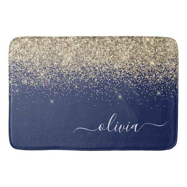 Gold Navy Blue Glitzer Script Monogram Girl Name Badematte (Vorderseite)