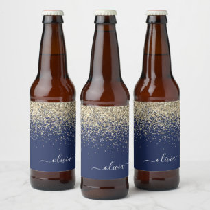 Gold Navy Blue Glitzer Script Monogram Girl Name Bierflaschenetikett