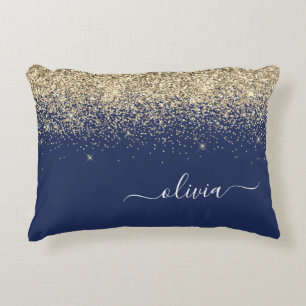 Gold Navy Blue Glitzer Script Monogram Girl Name Dekokissen