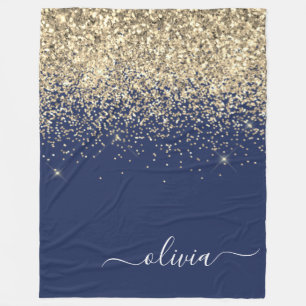 Gold Navy Blue Glitzer Script Monogram Girl Name Fleecedecke