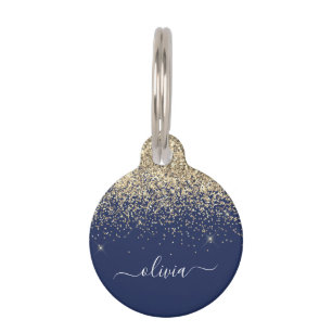 Gold Navy Blue Glitzer Script Monogram Girl Name Haustiermarke