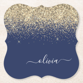 Gold Navy Blue Glitzer Script Monogram Girl Name Untersetzer