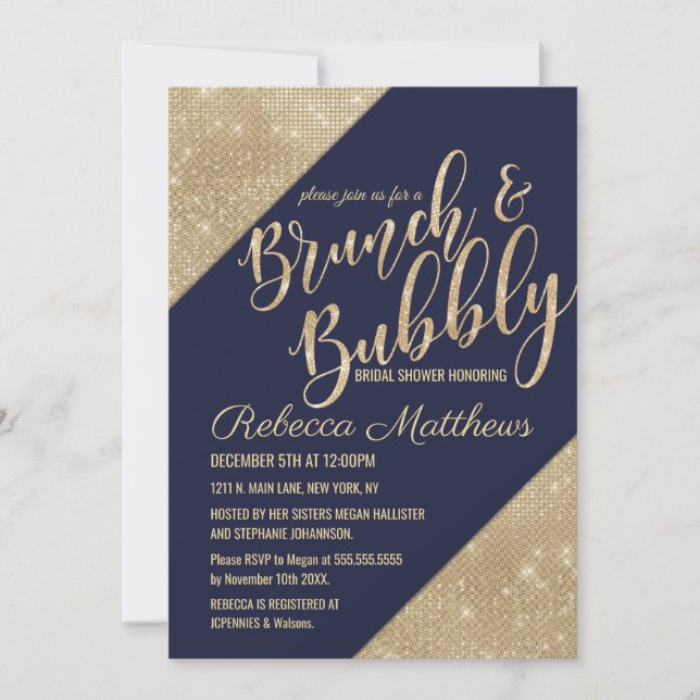 Gold Navy Blue Imitats Glitzer Sequel Brunch Bubbl Einladung (Vorderseite)